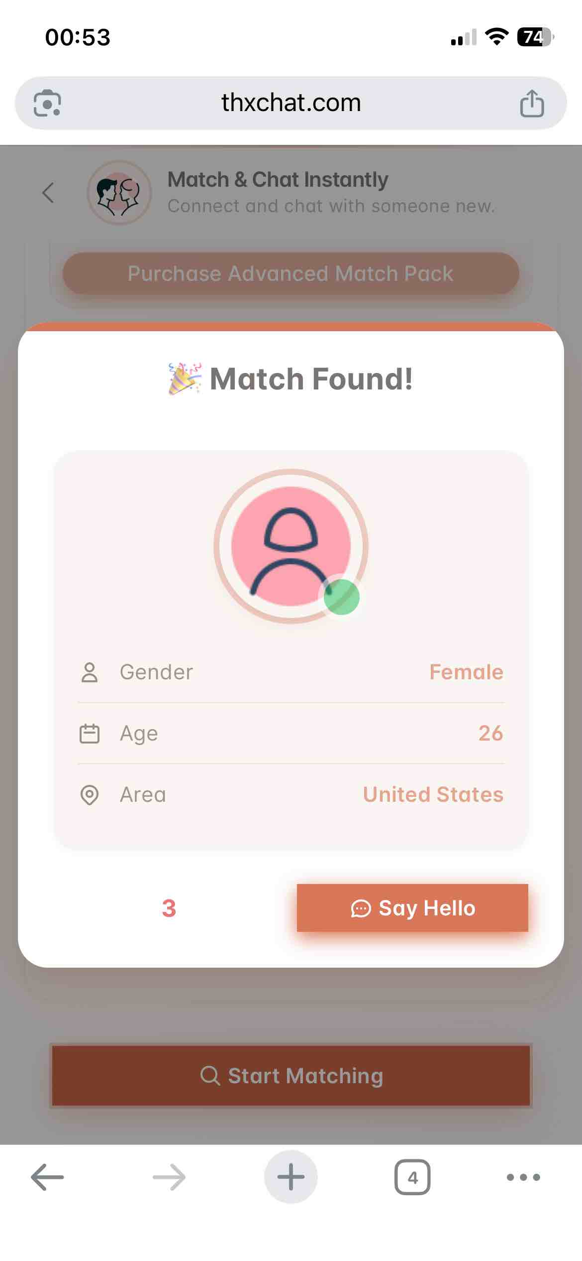 ThXChat random chat preview — see age, gender, and region before you start talking to strangers