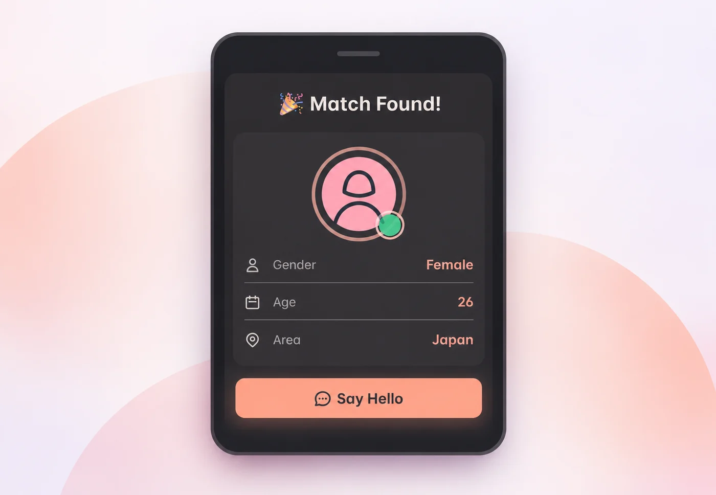 ThXChat match preview illustration showing gender, age and region before starting a chat