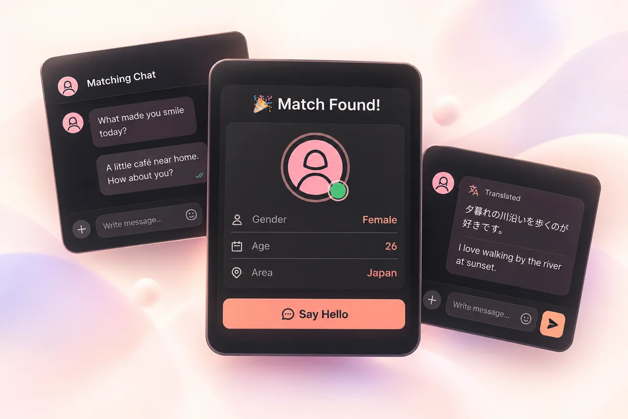 ThXChat illustrative collage with a match preview in front of text conversation and real-time translation screens