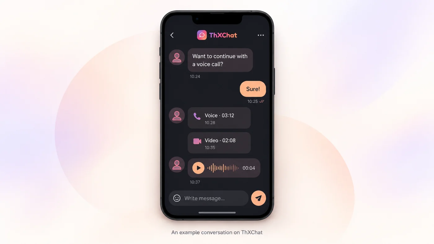 ThXChat premium chat illustration showing voice and video call durations and a voice message